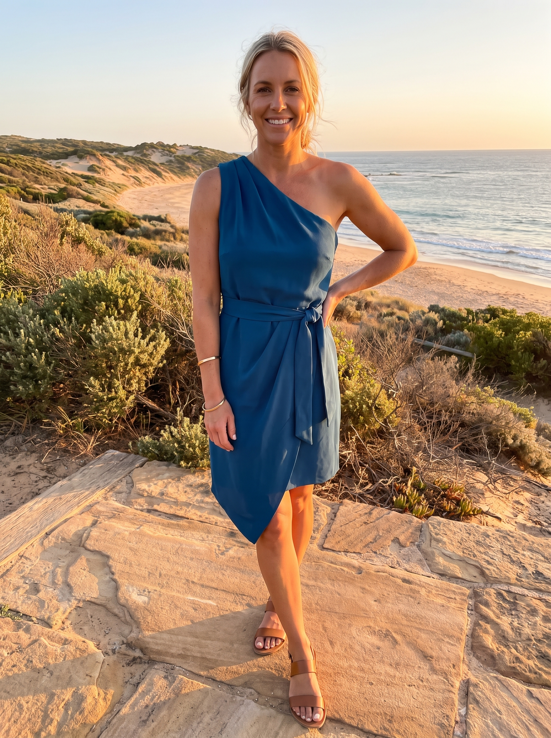 Women's One-Shoulder Tie Waist Midi Dress – Draped Party Dress for Cocktails & Wedding Guests