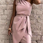 Women's One-Shoulder Tie Waist Midi Dress – Draped Party Dress for Cocktails & Wedding Guests