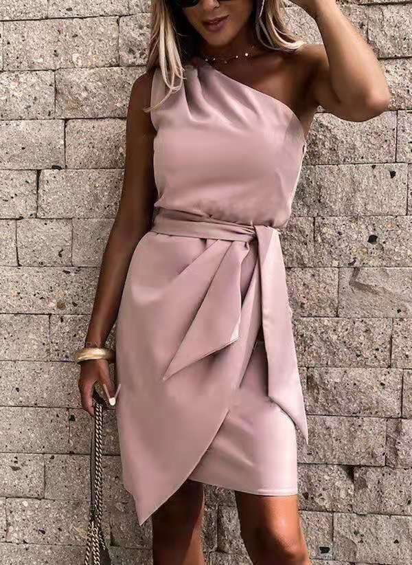Women's One-Shoulder Tie Waist Midi Dress – Draped Party Dress for Cocktails & Wedding Guests
