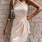 Women's One-Shoulder Tie Waist Midi Dress – Draped Party Dress for Cocktails & Wedding Guests