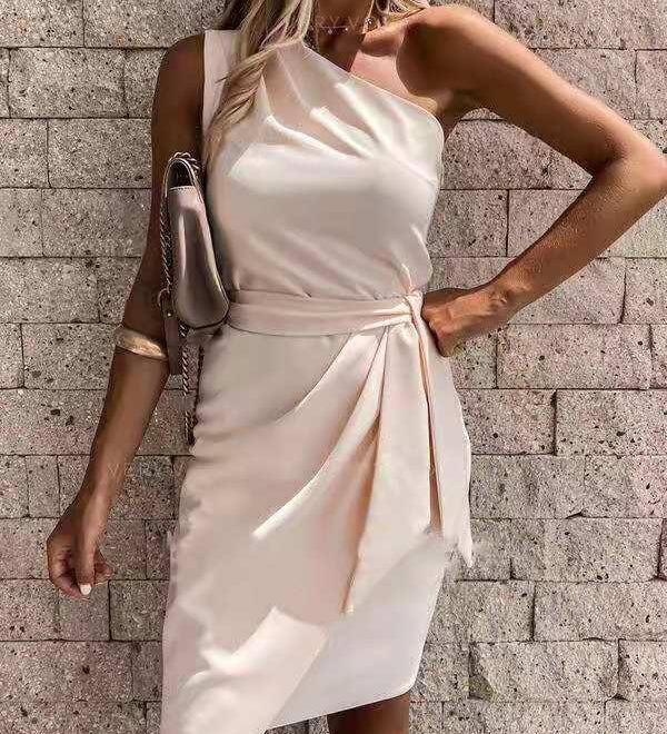 Women's One-Shoulder Tie Waist Midi Dress – Draped Party Dress for Cocktails & Wedding Guests