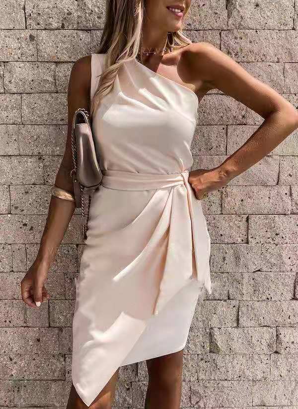 Women's One-Shoulder Tie Waist Midi Dress – Draped Party Dress for Cocktails & Wedding Guests
