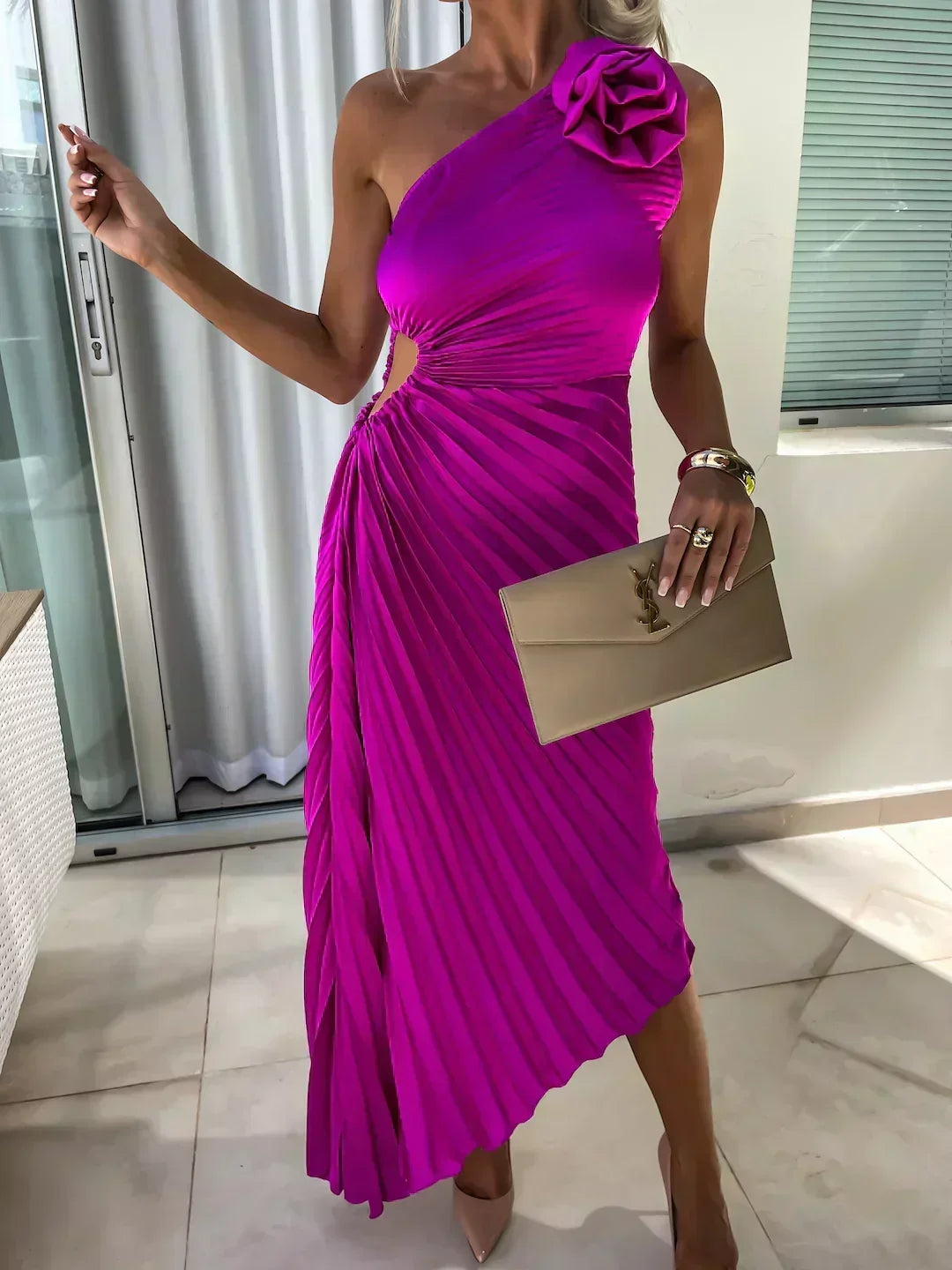 Women's One-Shoulder Pleated Maxi Dress with 3D Rosette and Waist Cut-Out – Race Day and Wedding Dress