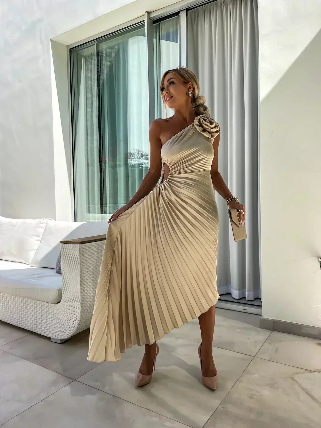 Women's One-Shoulder Pleated Maxi Dress with 3D Rosette and Waist Cut-Out – Race Day and Wedding Dress
