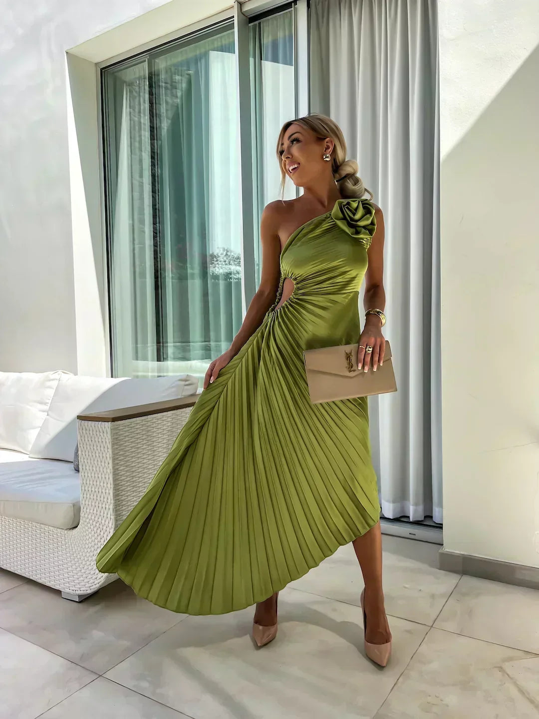 Women's One-Shoulder Pleated Maxi Dress with 3D Rosette and Waist Cut-Out – Race Day and Wedding Dress