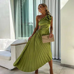 Women's One-Shoulder Pleated Maxi Dress with 3D Rosette and Waist Cut-Out – Race Day and Wedding Dress