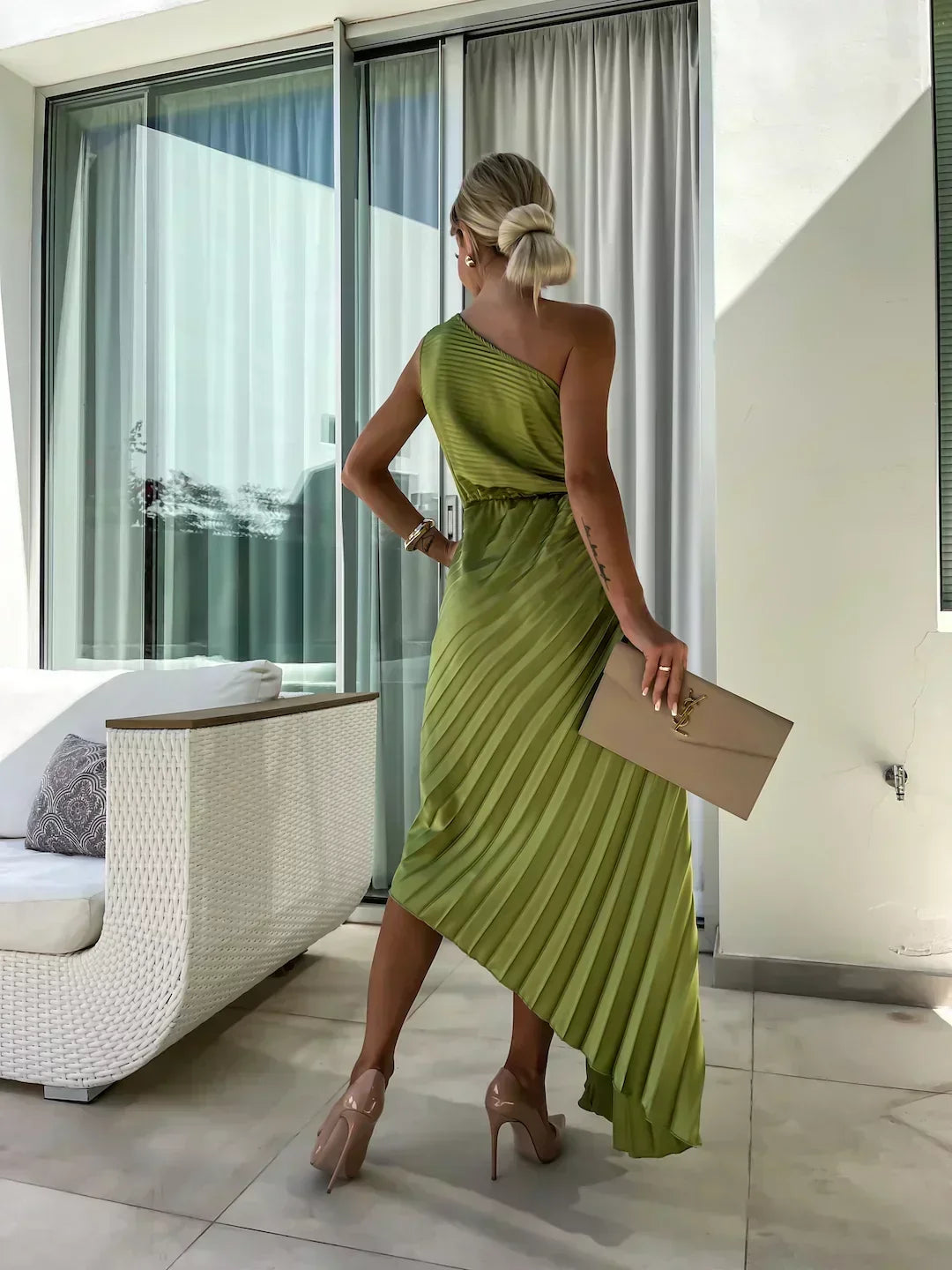 Women's One-Shoulder Pleated Maxi Dress with 3D Rosette and Waist Cut-Out – Race Day and Wedding Dress