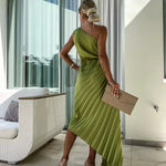 Women's One-Shoulder Pleated Maxi Dress with 3D Rosette and Waist Cut-Out – Race Day and Wedding Dress