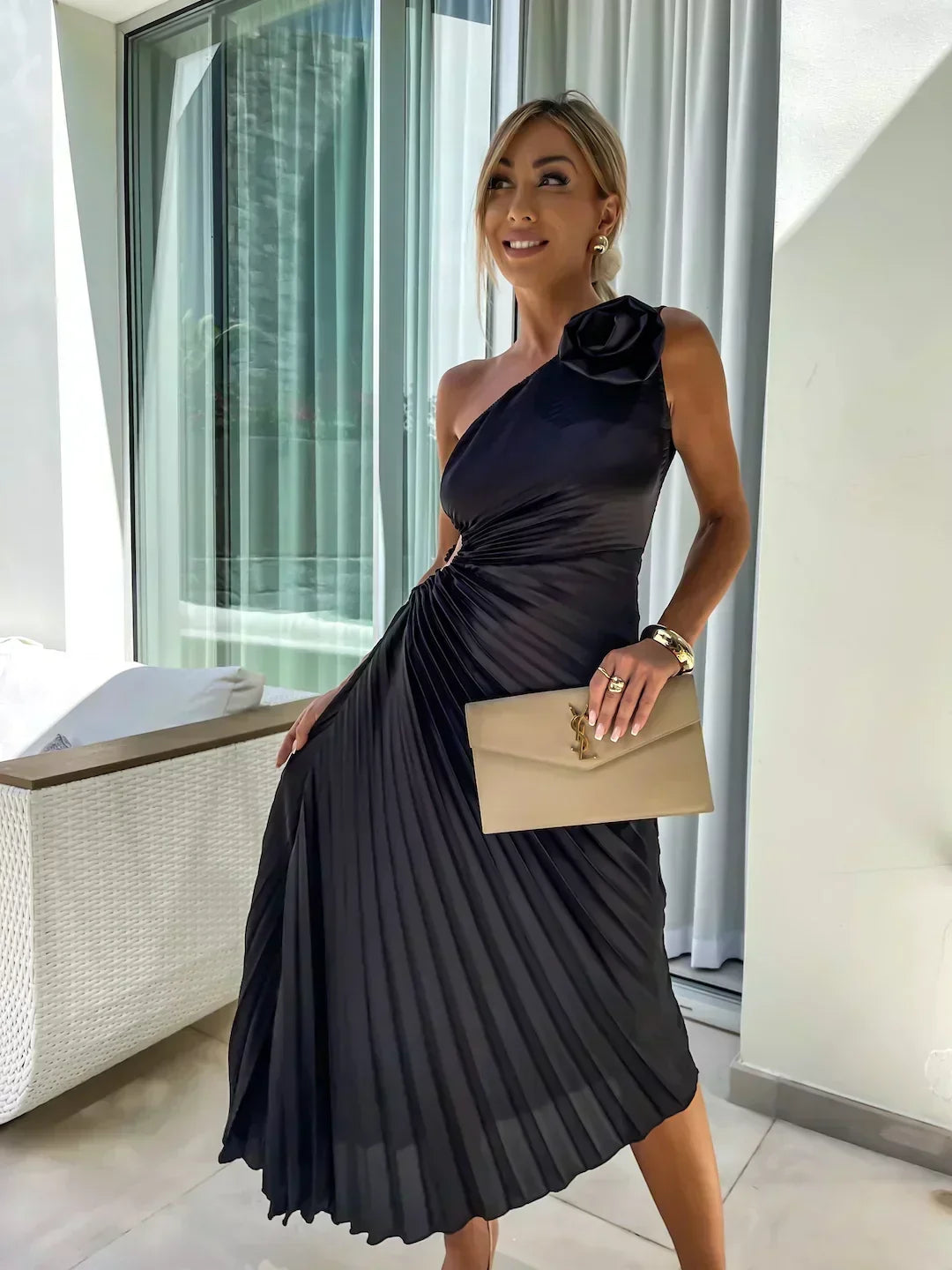 Women's One-Shoulder Pleated Maxi Dress with 3D Rosette and Waist Cut-Out – Race Day and Wedding Dress