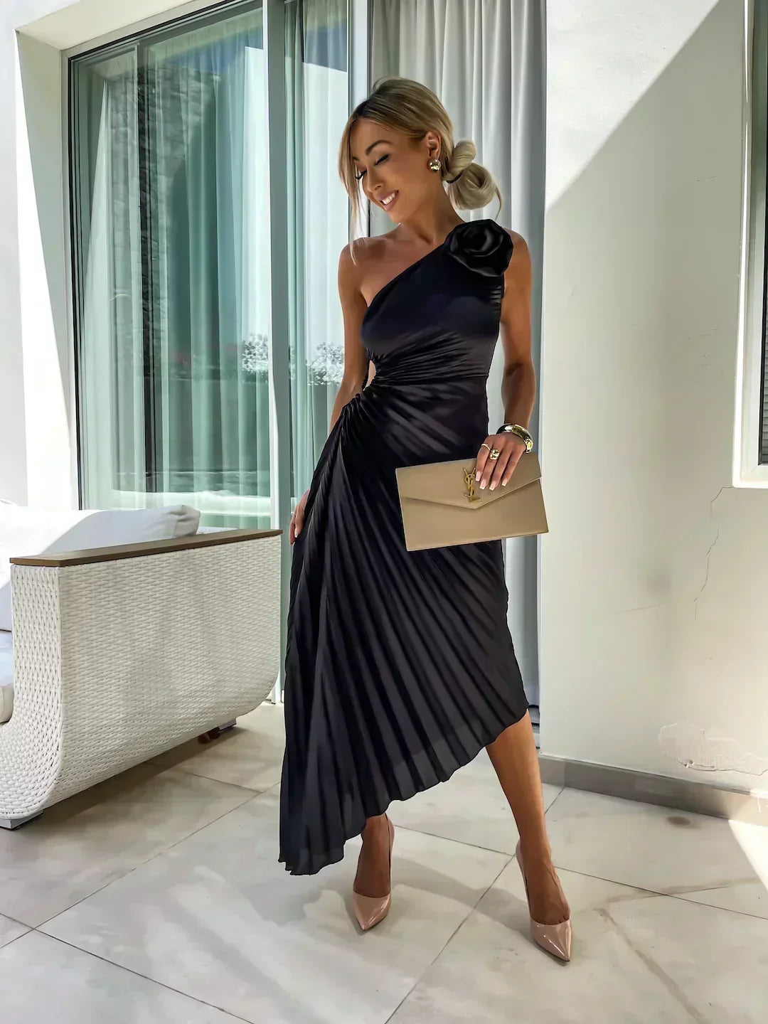 Women's One-Shoulder Pleated Maxi Dress with 3D Rosette and Waist Cut-Out – Race Day and Wedding Dress