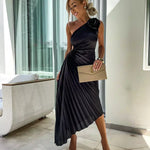 Women's One-Shoulder Pleated Maxi Dress with 3D Rosette and Waist Cut-Out – Race Day and Wedding Dress
