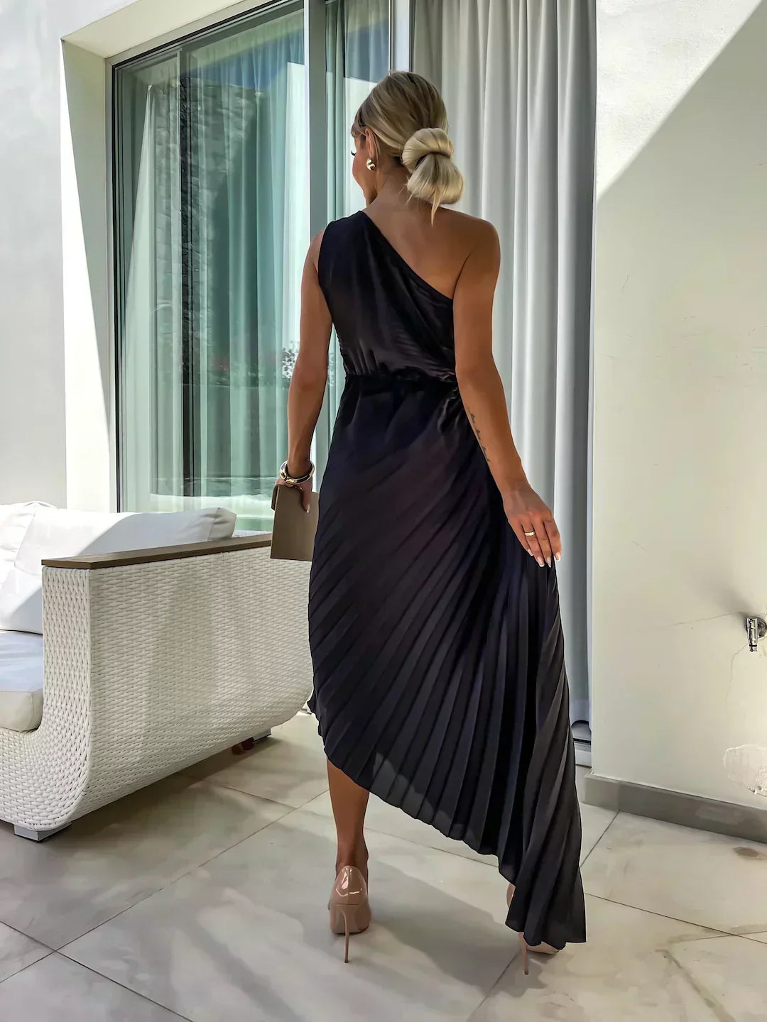 Women's One-Shoulder Pleated Maxi Dress with 3D Rosette and Waist Cut-Out – Race Day and Wedding Dress