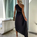 Women's One-Shoulder Pleated Maxi Dress with 3D Rosette and Waist Cut-Out – Race Day and Wedding Dress
