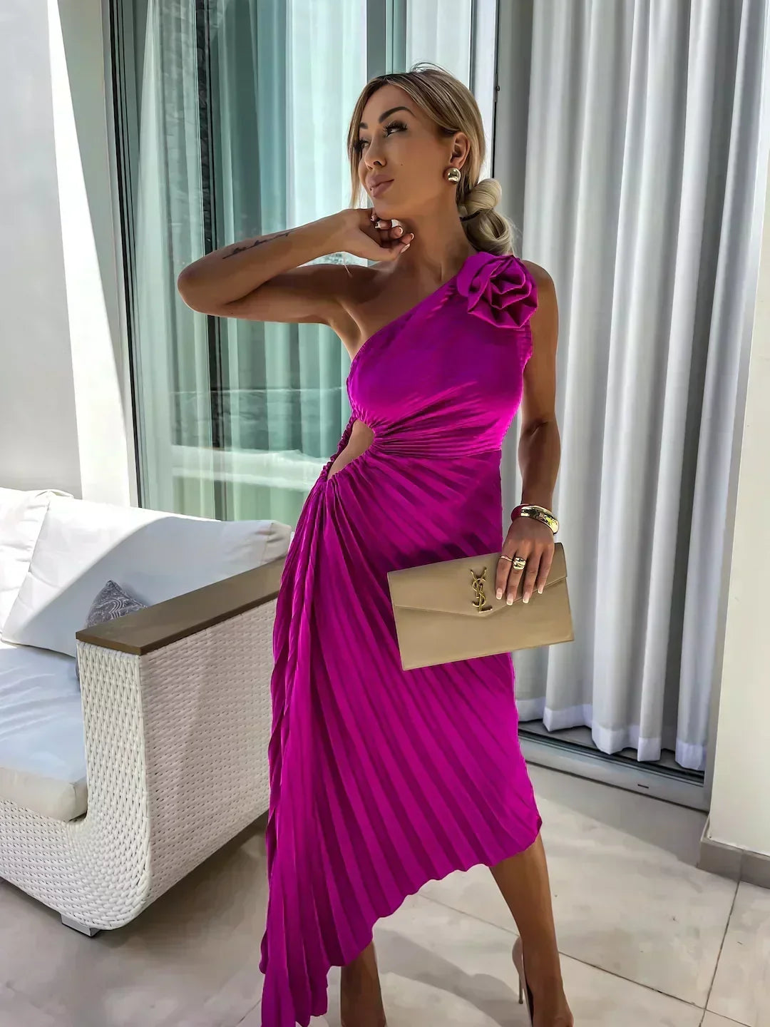 Women's One-Shoulder Pleated Maxi Dress with 3D Rosette and Waist Cut-Out – Race Day and Wedding Dress