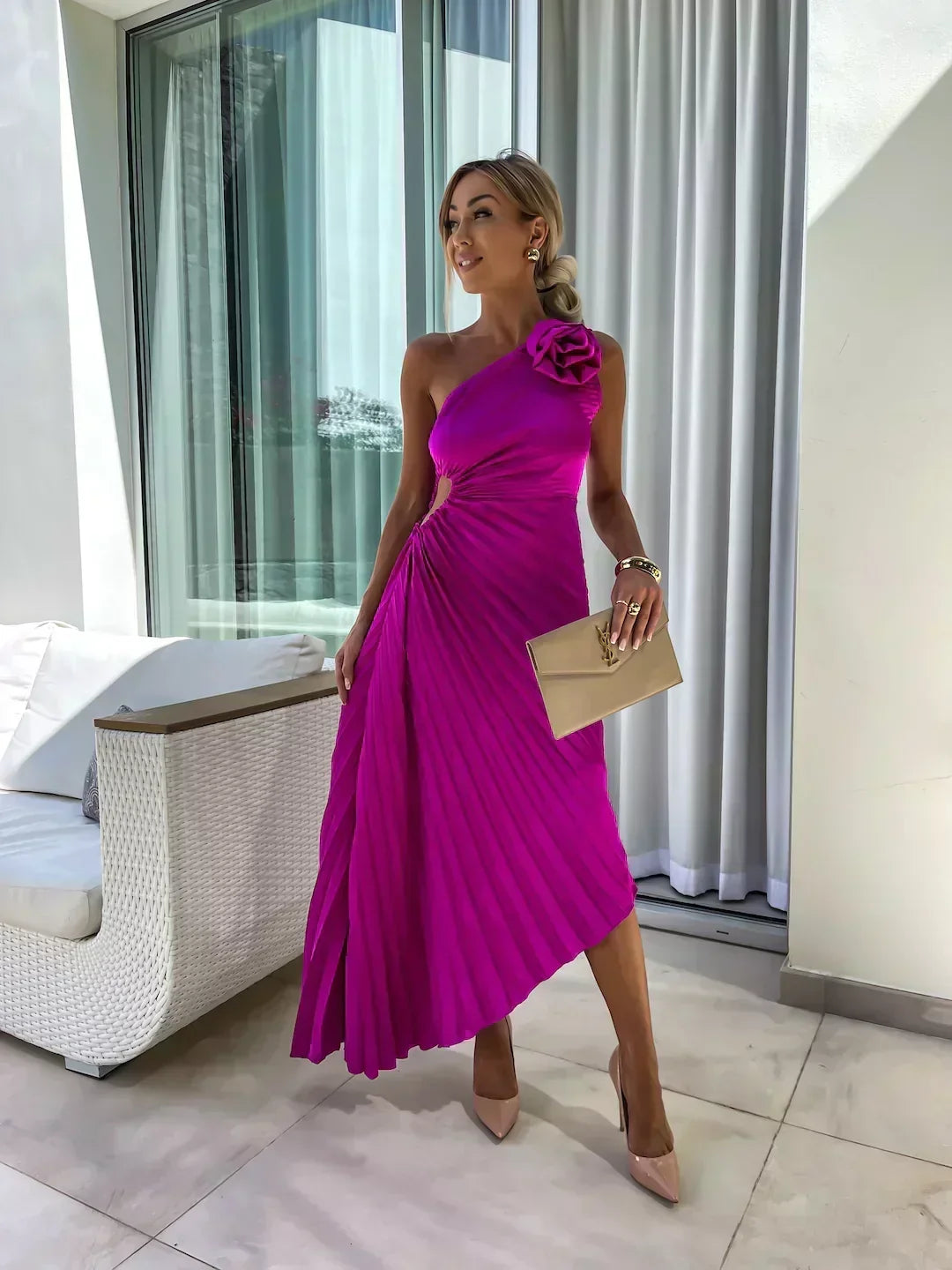 Women's One-Shoulder Pleated Maxi Dress with 3D Rosette and Waist Cut-Out – Race Day and Wedding Dress