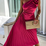 Women's One-Shoulder Pleated Maxi Dress with 3D Rosette and Waist Cut-Out – Race Day and Wedding Dress