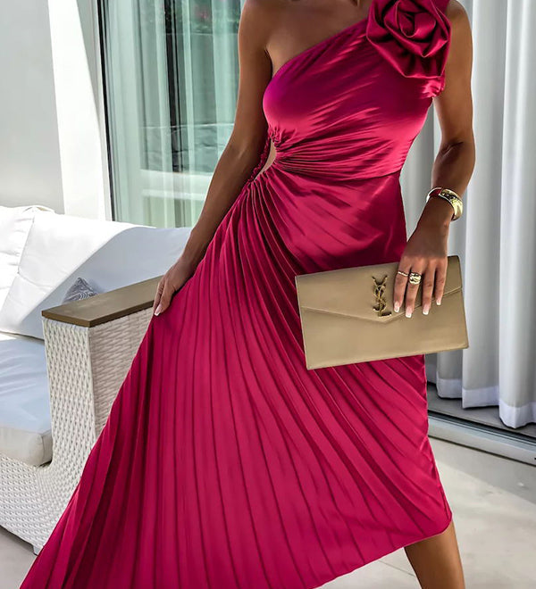 Women's One-Shoulder Pleated Maxi Dress with 3D Rosette and Waist Cut-Out – Race Day and Wedding Dress