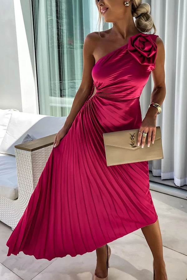 Women's One-Shoulder Pleated Maxi Dress with 3D Rosette and Waist Cut-Out – Race Day and Wedding Dress
