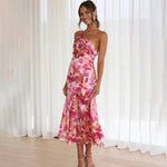 Women's One-Shoulder Floral Midi Dress with Flared Hem – Race Day and Garden Party Dress