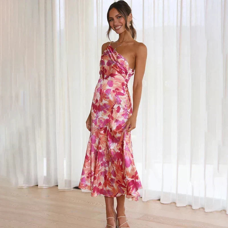 Women's One-Shoulder Floral Midi Dress with Flared Hem – Race Day and Garden Party Dress