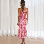 Women's One-Shoulder Floral Midi Dress with Flared Hem – Race Day and Garden Party Dress
