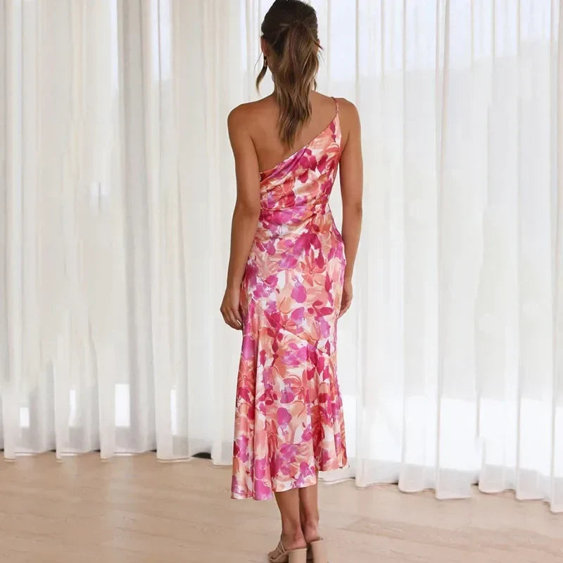 Women's One-Shoulder Floral Midi Dress with Flared Hem – Race Day and Garden Party Dress
