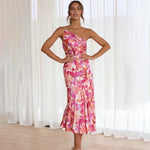 Women's One-Shoulder Floral Midi Dress with Flared Hem – Race Day and Garden Party Dress