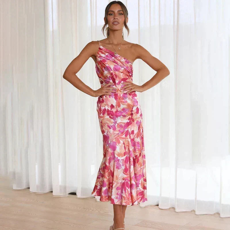 Women's One-Shoulder Floral Midi Dress with Flared Hem – Race Day and Garden Party Dress