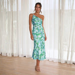 Women's One-Shoulder Floral Midi Dress with Flared Hem – Race Day and Garden Party Dress