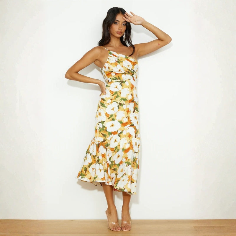 Women's One-Shoulder Floral Midi Dress with Flared Hem – Race Day and Garden Party Dress