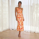 Women's One-Shoulder Floral Midi Dress with Flared Hem – Race Day and Garden Party Dress