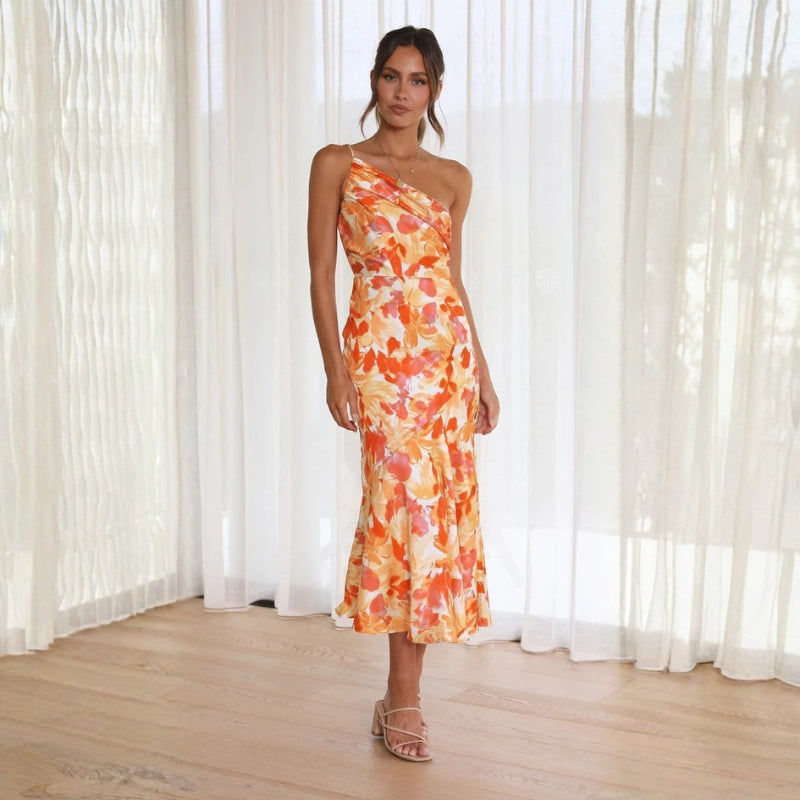 Women's One-Shoulder Floral Midi Dress with Flared Hem – Race Day and Garden Party Dress
