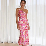 Women's One-Shoulder Floral Midi Dress with Flared Hem – Race Day and Garden Party Dress
