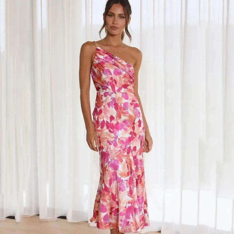 Women's One-Shoulder Floral Midi Dress with Flared Hem – Race Day and Garden Party Dress
