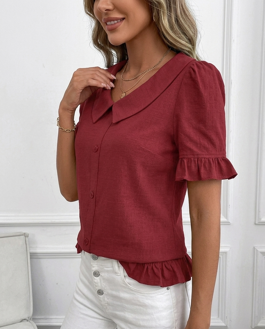 Women's Collared Button-Front Blouse with Ruffle Hem & Puff Sleeves – Vintage-Style Work Top