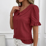 Women's Collared Button-Front Blouse with Ruffle Hem & Puff Sleeves – Vintage-Style Work Top