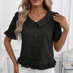 Women's Collared Button-Front Blouse with Ruffle Hem & Puff Sleeves – Vintage-Style Work Top