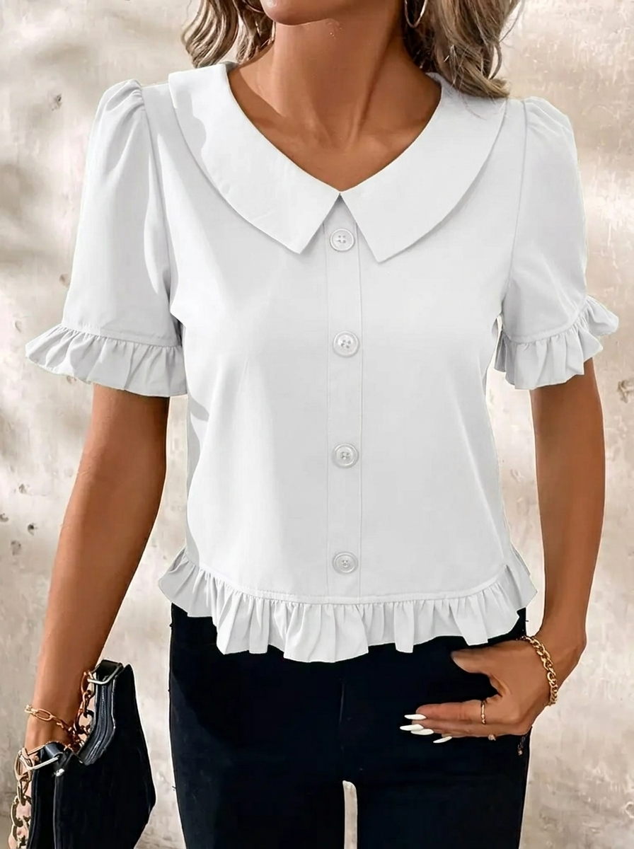 Women's Collared Button-Front Blouse with Ruffle Hem & Puff Sleeves – Vintage-Style Work Top