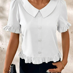 Women's Collared Button-Front Blouse with Ruffle Hem & Puff Sleeves – Vintage-Style Work Top