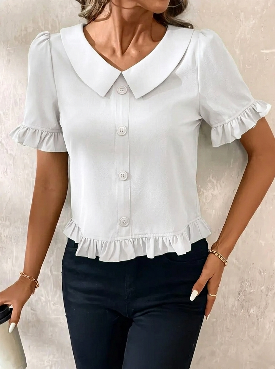 Women's Collared Button-Front Blouse with Ruffle Hem & Puff Sleeves – Vintage-Style Work Top
