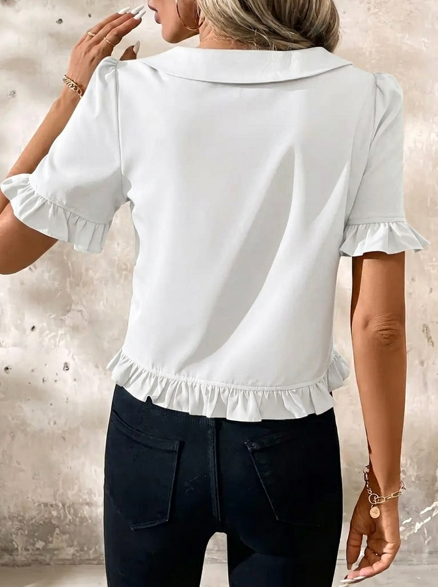 Women's Collared Button-Front Blouse with Ruffle Hem & Puff Sleeves – Vintage-Style Work Top