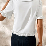 Women's Collared Button-Front Blouse with Ruffle Hem & Puff Sleeves – Vintage-Style Work Top