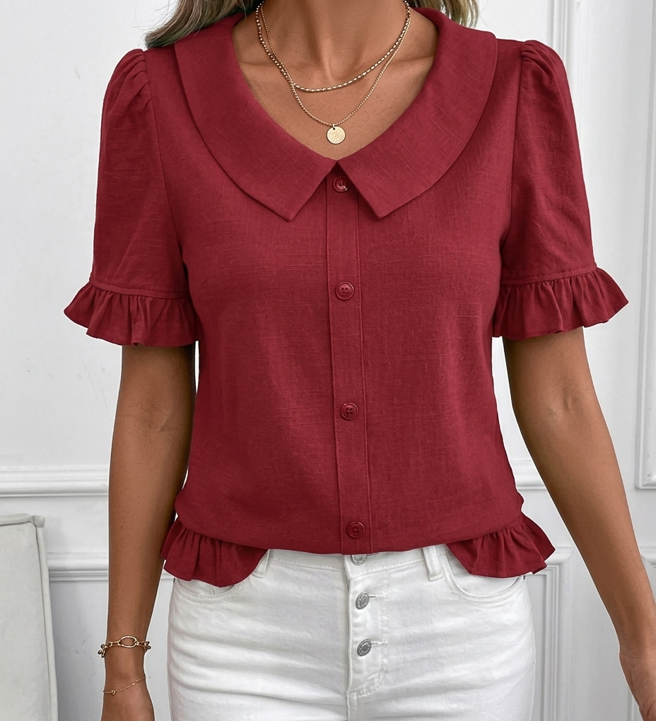 Women's Collared Button-Front Blouse with Ruffle Hem & Puff Sleeves – Vintage-Style Work Top