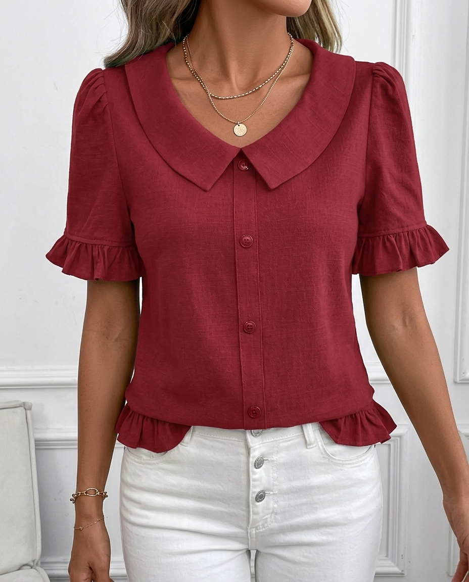 Women's Collared Button-Front Blouse with Ruffle Hem & Puff Sleeves – Vintage-Style Work Top