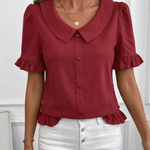 Women's Collared Button-Front Blouse with Ruffle Hem & Puff Sleeves – Vintage-Style Work Top