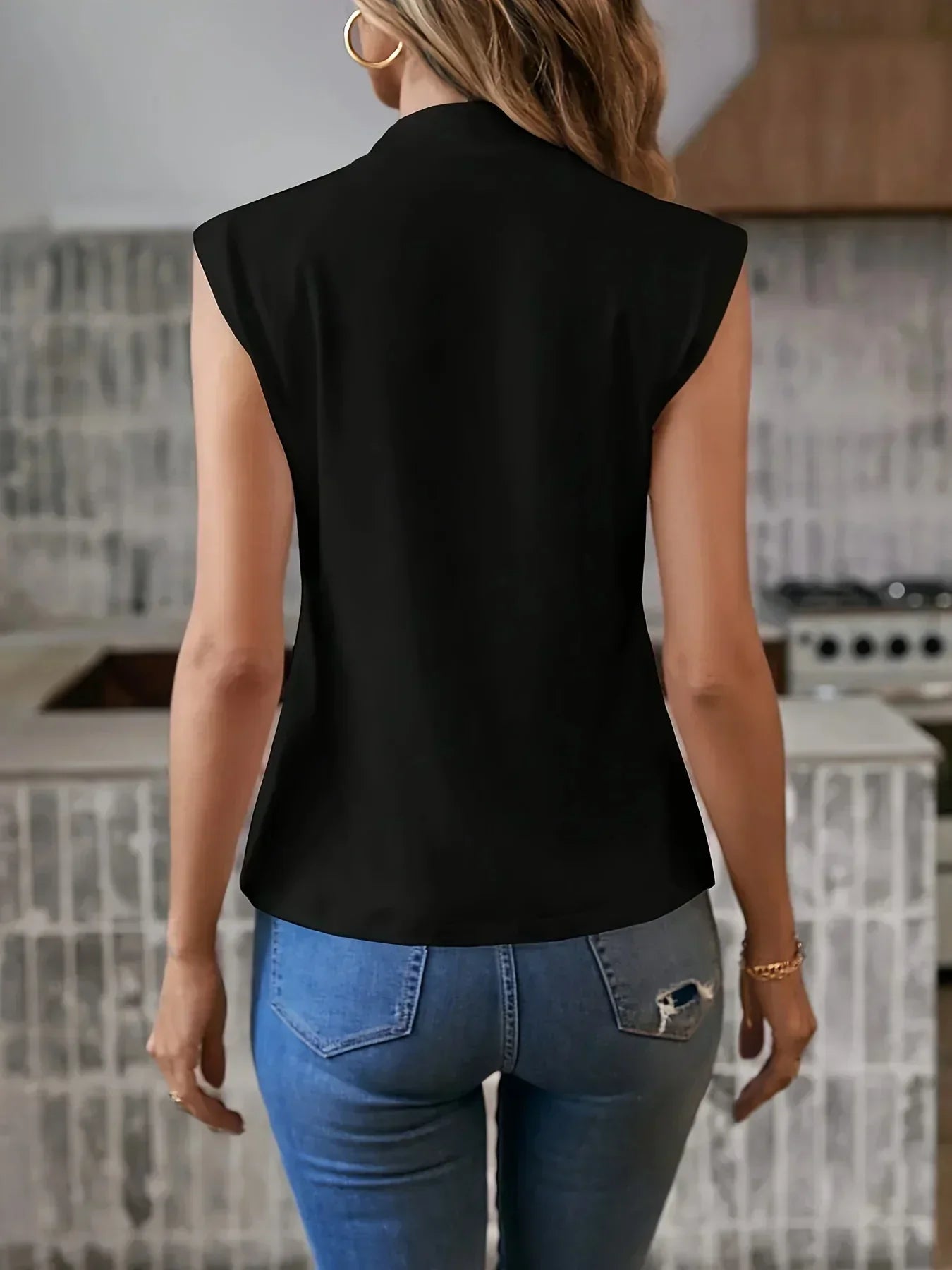 Women's Sleeveless High Neck Blouse – Structured Shoulder Smart Casual Top