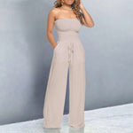 Women's Strapless Shirred Wide Leg Jumpsuit with Tie Waist & Pockets – Summer Jumpsuit