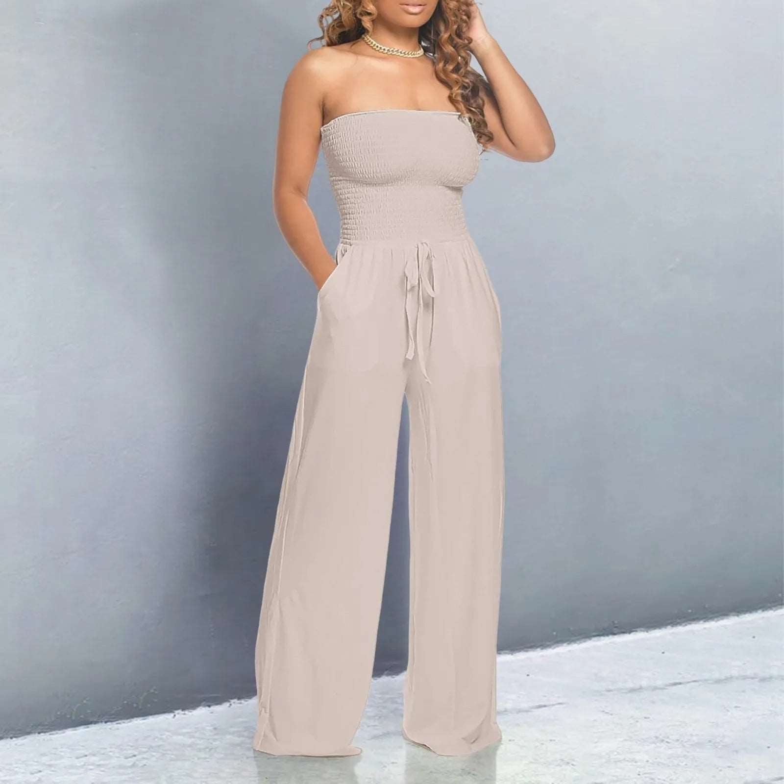 Women's Strapless Shirred Wide Leg Jumpsuit with Tie Waist & Pockets – Summer Jumpsuit