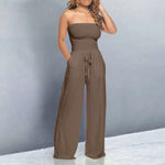 Women's Strapless Shirred Wide Leg Jumpsuit with Tie Waist & Pockets – Summer Jumpsuit