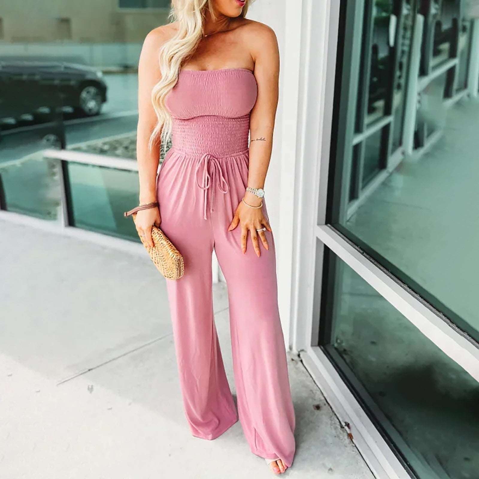 Women's Strapless Shirred Wide Leg Jumpsuit with Tie Waist & Pockets – Summer Jumpsuit